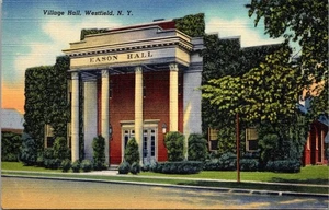 Cartolina Village Hall Westfield N Y in lino - Foto 1 di 4