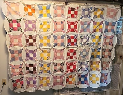 VTG Handmade Glorified Nine Patch Quilt TOP Cotton Feedsack Fabric 66 X 85".  (T - Image 1 of 4