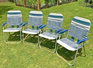 4 original vintage 1980's vinyl tube folding lawn chairs beach patio jelly blue - Picture 1 of 24