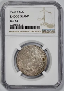 1936-S Rhode Island 50c NGC MS 67 Commemorative Silver Half Dollar - Picture 1 of 4