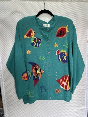 NWT Quacker Factory Puffy Fish Pearls Cardigan Sweater 90s Button Covers 1X - Image 1 of 4