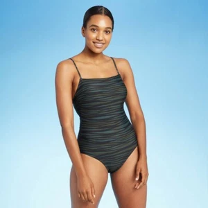 Women's Straight Neck Cinch Back Modern One Piece Swimsuit - Kona Sol Zebra M - Picture 1 of 1