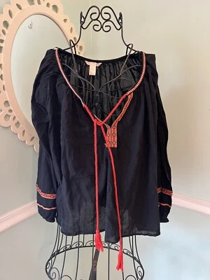 Размер 14 черный верхний богемное крестьянин цыганская блузка красный оранжевый вышивка - Изображение 1 из 4