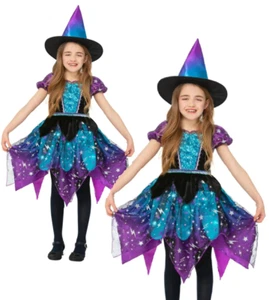 Deluxe Moon & Stars Witch Girls Halloween Witches Fancy Dress Costume + Lights - Picture 1 of 5