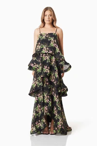 Elliatt Ula Tiered Maxi Dress Black Vacation Brunch wedding Guest Size S NWT - Picture 1 of 8