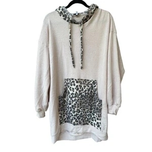 White Birch Women's L Beige & Leopard Print Hooded Sweatshirt Dress - Picture 1 of 6