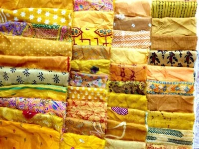 ON Huge Lot 100% Golden Pure Silk Vintage Sari Fabric Quilting Cuts Craft Easter - Image 1 of 4