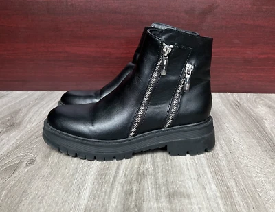 Botín de cuero negro Nine West para mujer con cierre de 3 cremalleras talla 7,5 punta redonda Foto 1 de 4