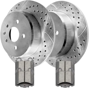 Autoshack Rear Drilled and Slotted Brake Kit Rotors Silver and Ceramic Pads Pair - Picture 1 of 7