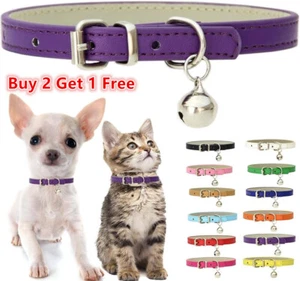 PU Leather Pet Dog Collar with Bells Soft Adjustable Puppy Cat Necklace XXS-L - Picture 1 of 22