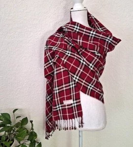 PASHMINA 100% CASHMERE Plaid Fringe SCARF Shawl Blk Wht Cranberry 68" x 27" NWOT - Picture 1 of 3