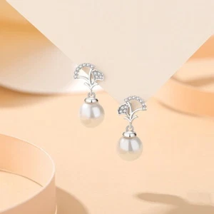 Silber 925 Ohrstecker Ginkgo Blatt mit Anhänger Perle Zirkonia Damen Ohrringe - Bild 1 von 3