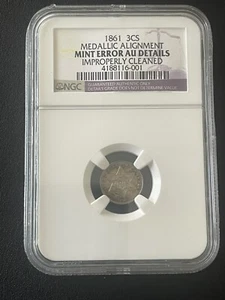 Rare USA 1861 Silver 3 Cents, NGC AU Details- ERROR- medallic alignment - Picture 1 of 7