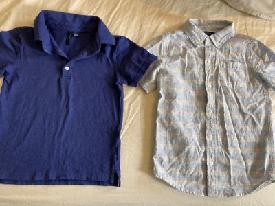SZ 6 JANIE and JACK SET 2 Navy Blue Polo Shirt Striped Button Down Top Boy EUC - Image 1 of 4