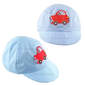 Baby Sun Hat Boys Cap Summer Beach Hat Cotton Blue Red Car Striped Brim 0-3 3-6M - Picture 1 of 5