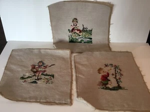 Vintage finished Needlepoint Set Of 3 Pillow Chair Seat Covers Girl Boy 12”x12” - Picture 1 of 12