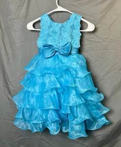 Blue Ball Gown with Flowers and ruffles Girls Size 6/7 - Picture 1 of 3