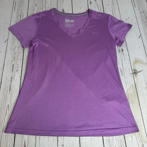 Nike DriFit Short Sleeve V-Neck T-Shirt Womens Medium Swoosh Logo Purple - Picture 1 of 8