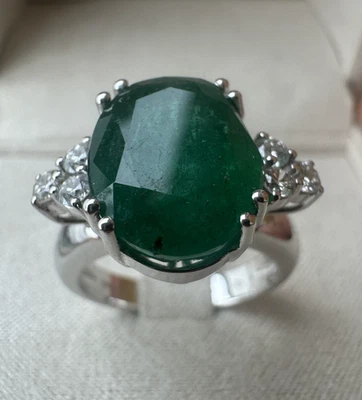 Anillo Oro Blanco 18kt. Diamantes Y Esmeralda Natural Zambia Certificado Ct. - Imagen 1 de 4