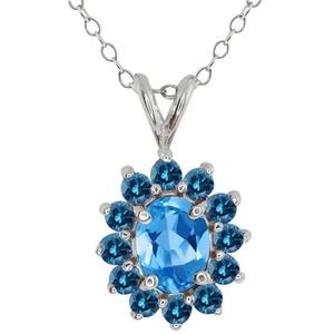 14k White Gold Swiss Blue Topaz and Blue Diamond Pendant Necklace For Women - Picture 1 of 1