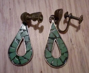 Vintage Antique Mosaic Turquoise Inlay 925 Silver Earrings Made in Mexico LL - Picture 1 of 4