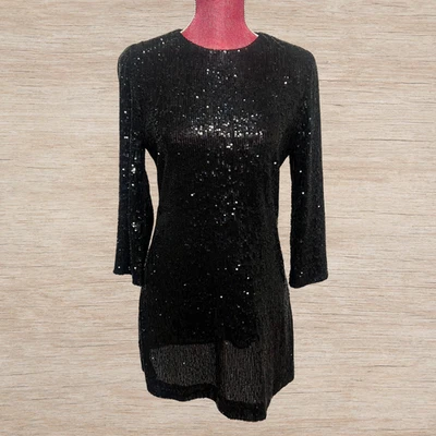 Tory Burch Black Sequin Mini Cocktail Shift Dress Women’s Size M Long Sleeve - Image 1 of 4