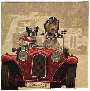 RED CAR DOG RACERS 18" BELGIAN TAPESTRY CUSHION PILLOW COVER, BEIGE VELVET BACK - Picture 1 of 8