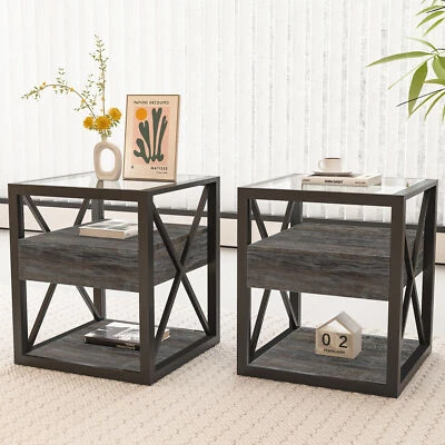 2pcs Modern End Table with Drawer Wood Nightstand Industrial Style Side Table
