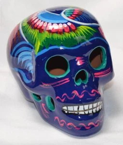 6" Medium Talavera Clay Sugar Skull Day of the Dead Art Dark Blue Multi Teal Eye - Picture 1 of 4