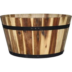 Classic Home and Garden Acacia Wood Barrel Planters with Metal Band, 21" - Picture 1 of 4