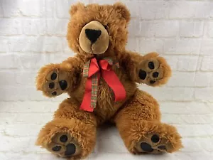 20 Zoll Shaggy Teddybär braun unscharf Plüschtier Kunstleder Pfote Patches mit karierter Schleife - Bild 1 von 15