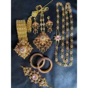 1 Thai Full Set Bride Jewelry Gold Plated Pink Gems Wedding Asain Festival Party - Picture 1 of 5