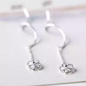 Solid 925 Sterling Silver Four Leaf Clover Long Tassel Threader Dangle Earrings - Picture 1 of 8