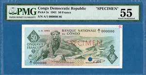 Congo, 50 Francs, A/1 000000 Specimen, 1961, AUNC-PMG55, P5s - Picture 1 of 2