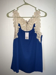 Tea N Rose Blouse Small Blue Racerback Sleeveless Scoop Crochet Lace Strap NWT - Picture 1 of 3