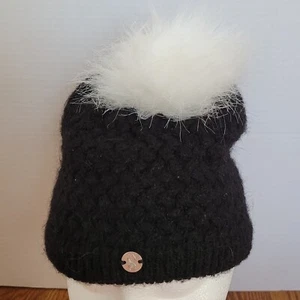SPYDER Youth Girls Black Winter Beanie Ski Hat w/Fuzzy White Pom Pom One Size - Picture 1 of 8