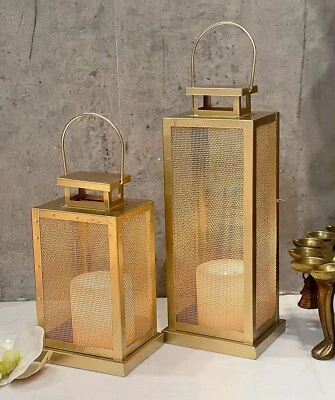 Handmade Set of 2 Iron Lantern and Candle Tealight Holder for Home Decor Golden - Image 1 of 4