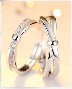 Silver Love X Cross Pave Cubic Zirconia Promise Couple Pair Adjustable Band Ring - Picture 1 of 4