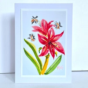 Amaryllis and Bees Art Print 5x7in Blank Greeting Card and Envelope All Occasion - Picture 1 of 4