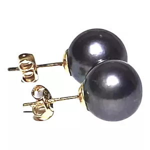 Elegant 10.5 - 11mm Peacock Black Blue Round Edison Pearl Stud Earrings - Picture 1 of 6
