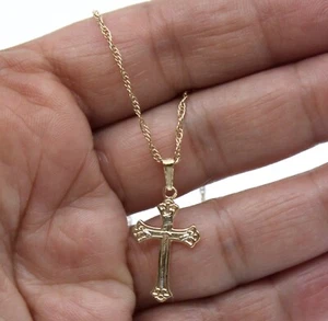 14k Solid Yellow Gold Dainty Small Cross Pendant Necklace 17.5"in - Picture 1 of 10