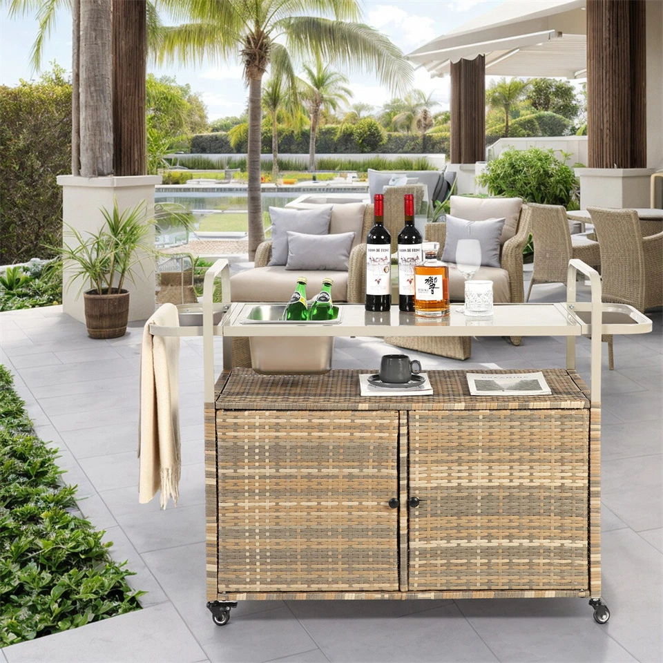 Outdoor Bar Table, Wicker Bar Cart with Cabinet, Patio Serving Cart for Garden B - Image 1 of 4
