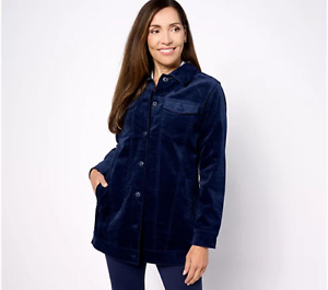 NEW Denim & Co. Women's Petite Jacket P2X Velveteen Long NAVY