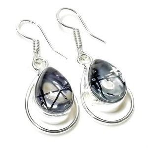 Rutilated Quartz Gemstone Handmade 925 Sterling Silver Jewelry Earring Size 1" - Picture 1 of 1