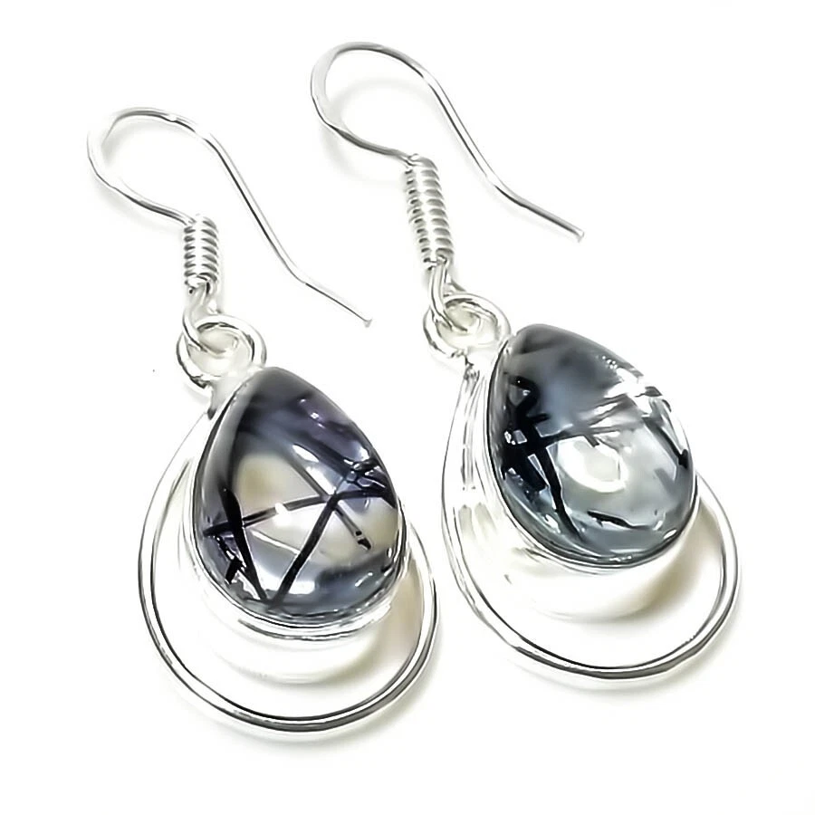 Rutilated Quartz Gemstone Handmade 925 Sterling Silver Jewelry Earring Size 1" - Image 1 of 1