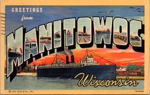 Tarjeta postal Manitowo Wisconsin carta grande saludo lago carguero puentes 29503 - Imagen 1 de 2