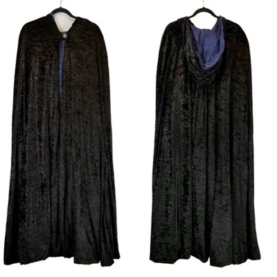 Unisex Long Cape Black Hooded Crushed Velvet Men's Women's Halloween Vampire - Image 1 of 4