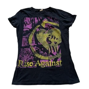 Camiseta vintage Rise Against Band para mujer ajustada mediana negra rosa amarilla - Imagen 1 de 5