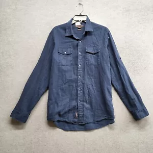 Michael Kors Men Button Up Shirt M Blue Solid Casual Linen & Cotton Logo - Picture 1 of 9