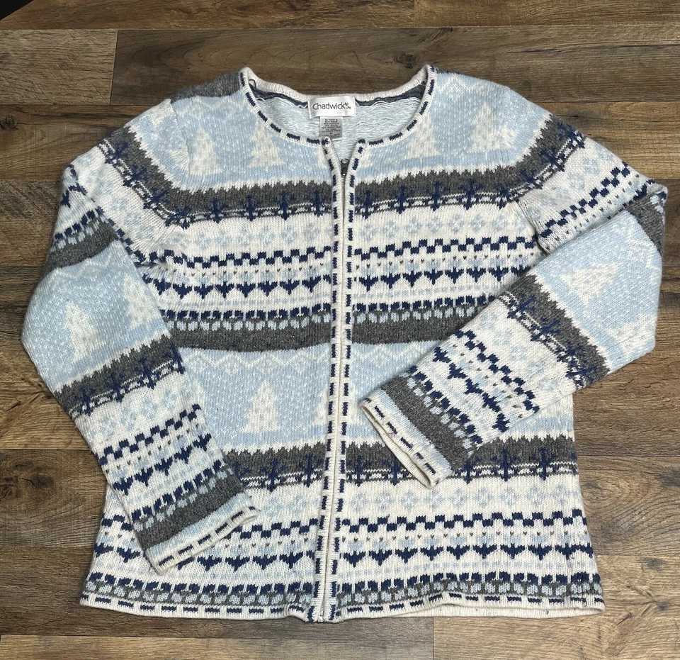 Cardigã feminino Chadwick tamanho M estampa nórdica cabelo de coelho/lã mistura zíper completo azul - Imagem 1 de 4